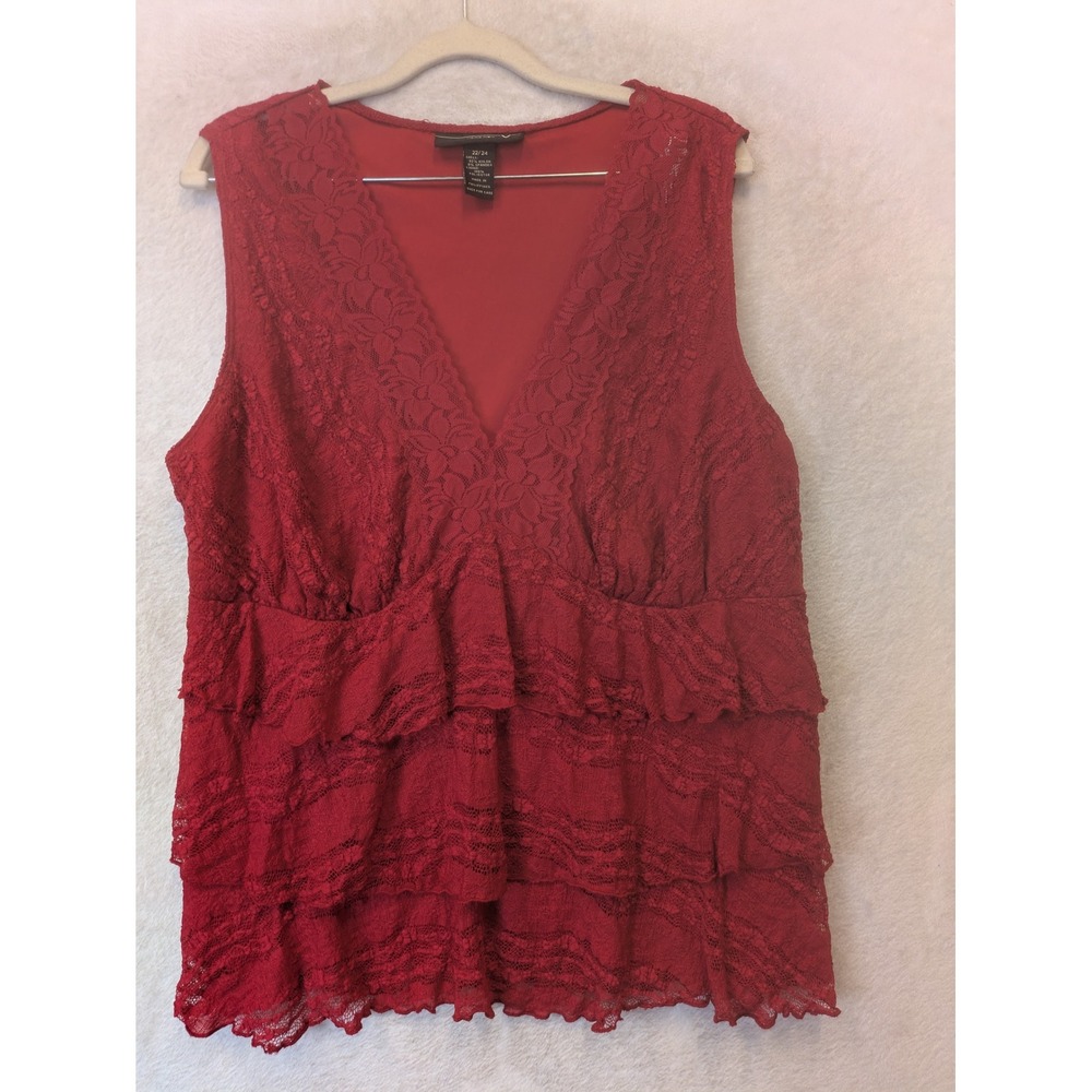 Venezia Tank Top Women's 22/24 Red Tiered Ruffle Floral Lace V-Neck Sleeveless